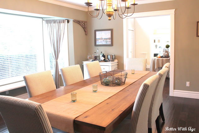 Dining room wooden table with fabric chairs.