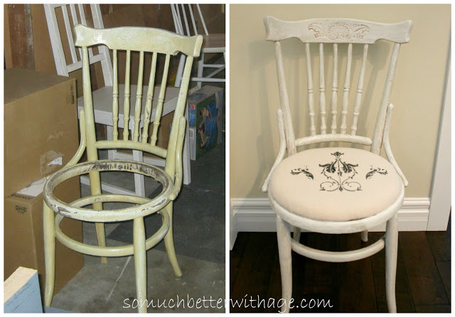 Two chairs one with a stenciled seat on and the other is the before image.