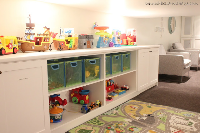 Basement before and after / toys on shelf - So Much Better With Age