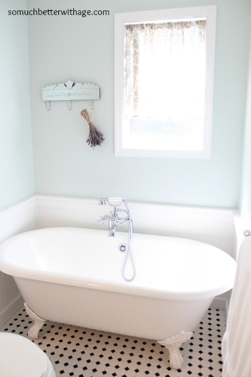 Powder Room Before And After / clawfoot tub with window and black and white flooring - So Much Better With Age