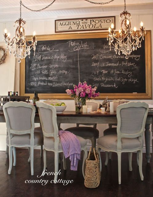 Dining room goals / French Country Cottage dining room with chandeliers and blackboard - So Much Better With Age