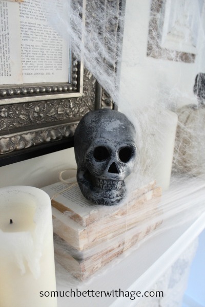 The skulls on old books with a candle and spider web beside it.