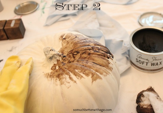 Adding soft wax in a brown color to the white pumpkin.