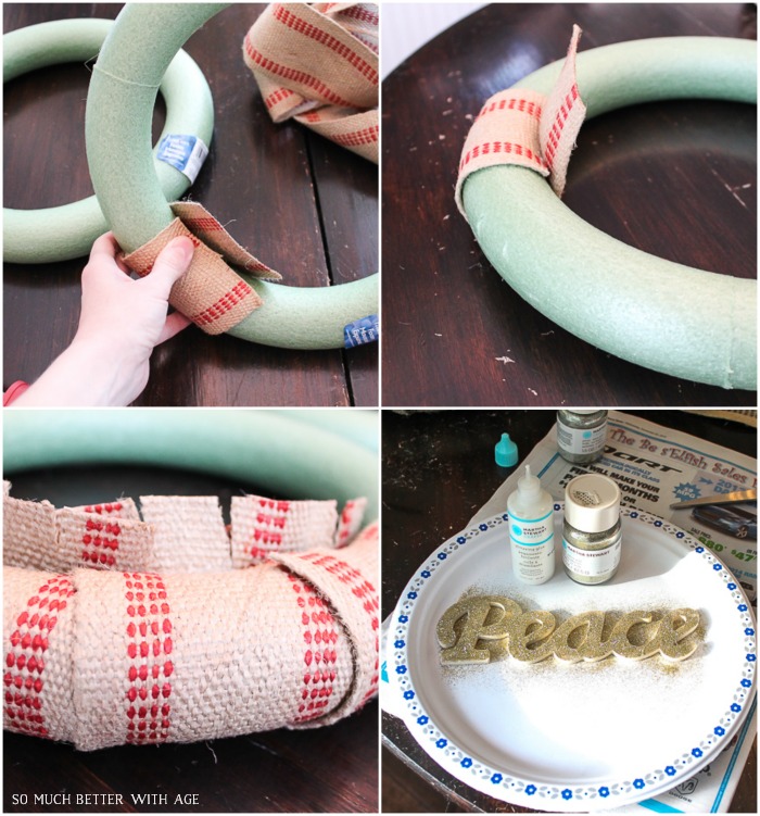DIY Jute and Glitter Wreaths/directions with wrapping the jute around the wreath and a glittery peace sign.