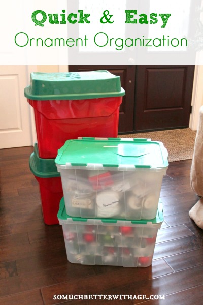 Clear containers filled with Christmas ornaments.