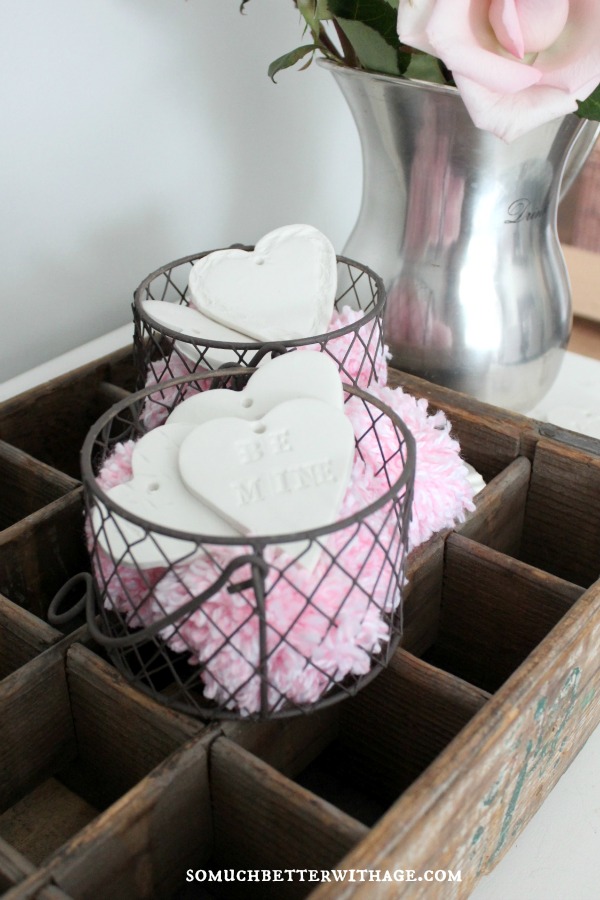 DIY Clay Valentine Hearts and Garland / clay hearts in metal bowls - So Much Better With Age