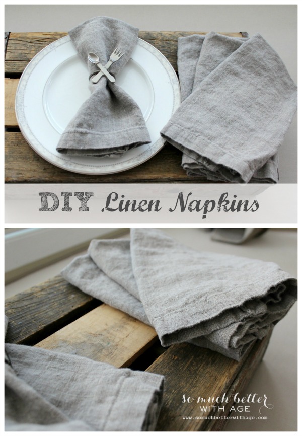 Linen napkins on white plate, on wooden table.