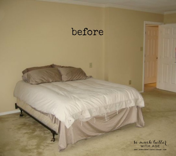 A before picture with off white walls and just a bed in the room.