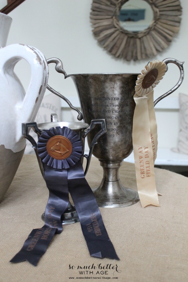 A blue and white ribbon on trophies.