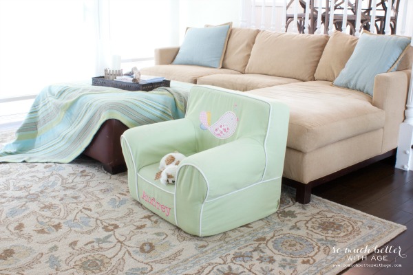  A Childs chair with a stuffed animal on it.