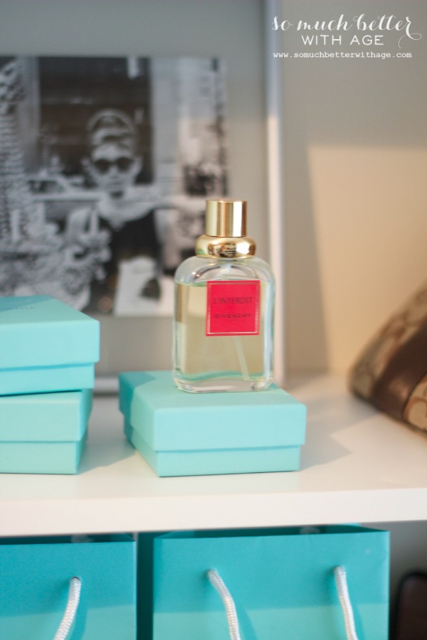 Audrey Hepburn Givenchy perfume on a Tiffany box.