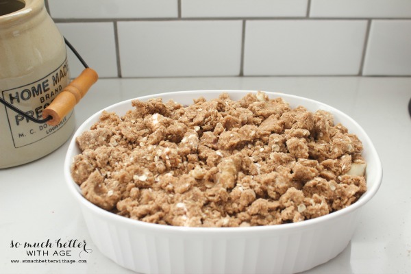 The crumble in a baking dish ready to go into the oven.