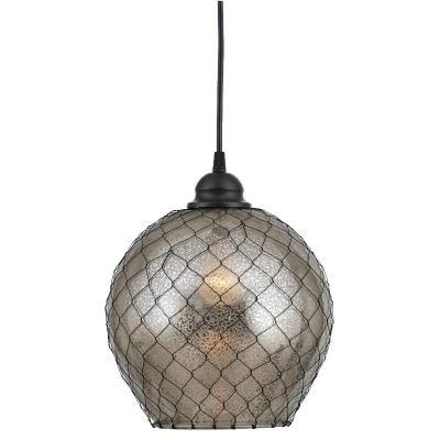 Stunning light fixture with a mix of glass and chicken wire.