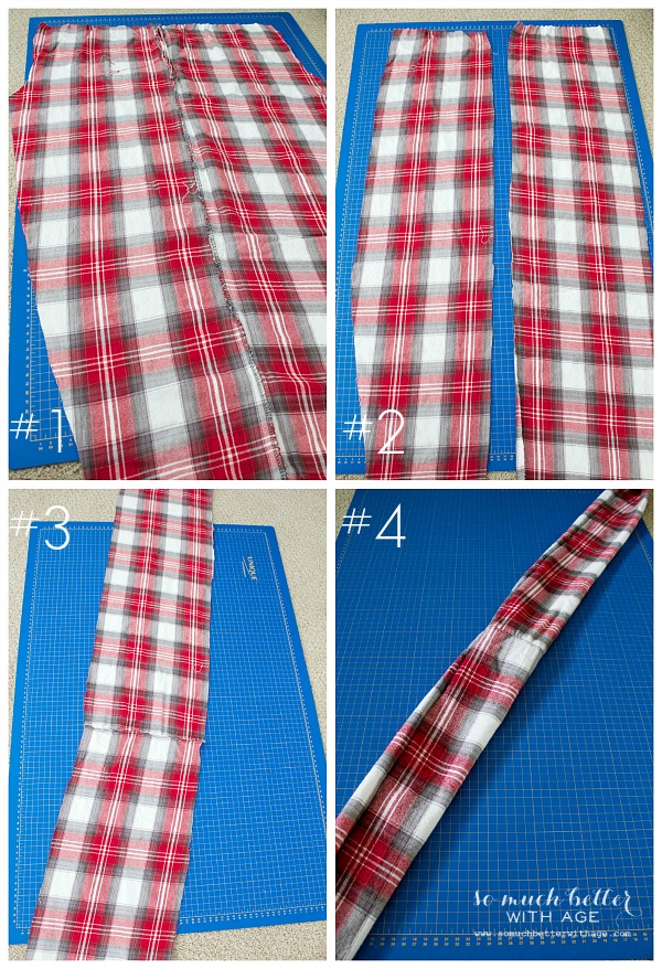 Cutting the strips of plaid pj's.