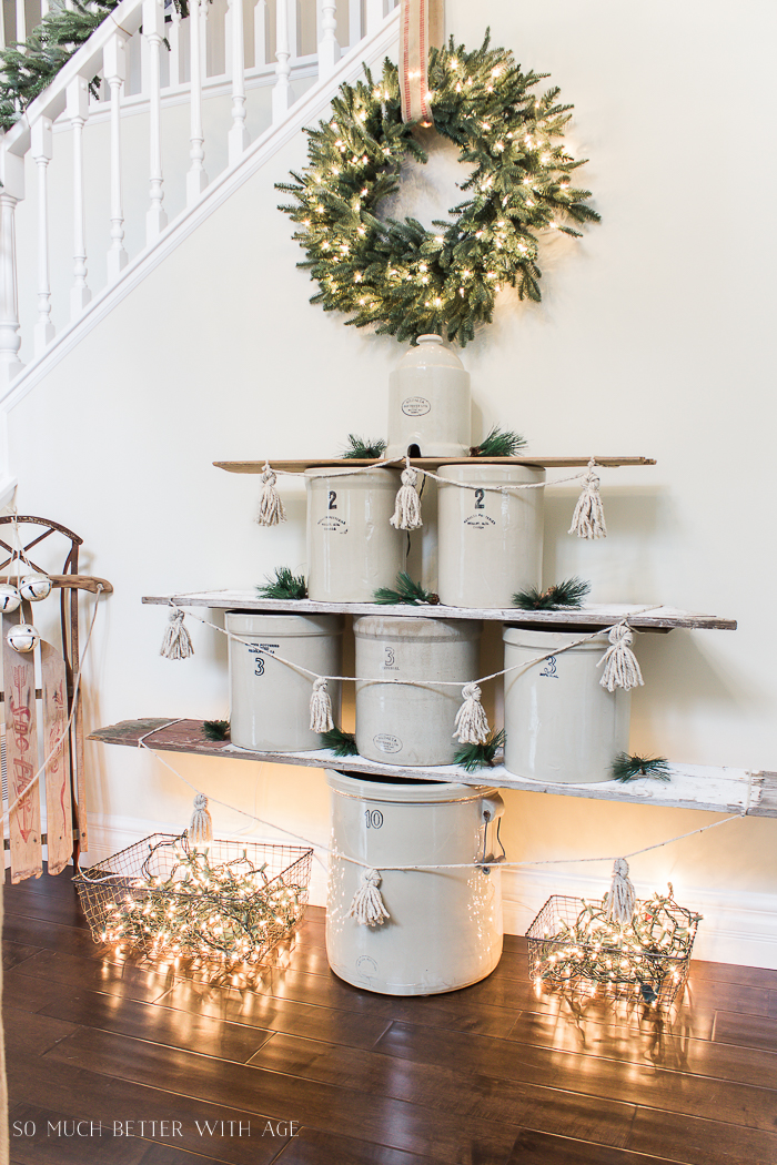 A Christmas crock tree in living room.