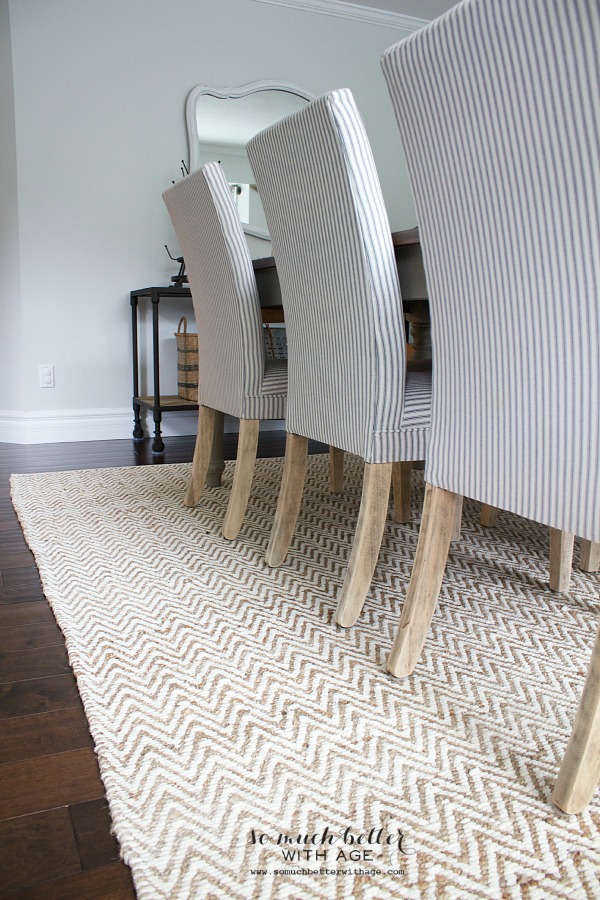 Blue ticking stripe chairs & West Elm rug with a chevron pattern.