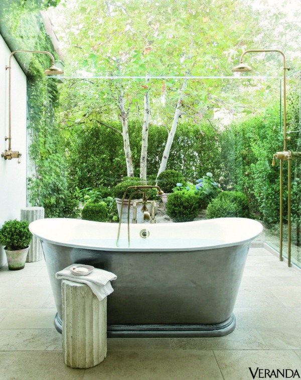 An antique bathtub and shower in an enclosed glassed in outdoor bathroom.