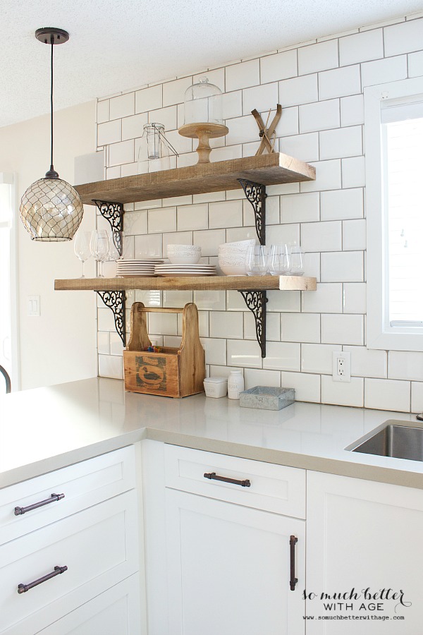 Rustic shelving in the kitchen with a custom look.