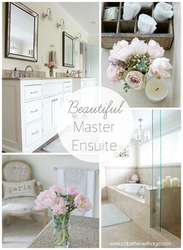 Master ensuite with pretty pink flowers on the counter