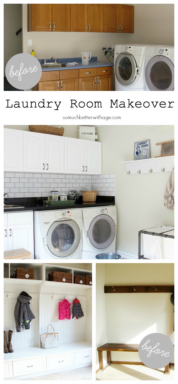 Laundry room makeover with before and after photos graphic.