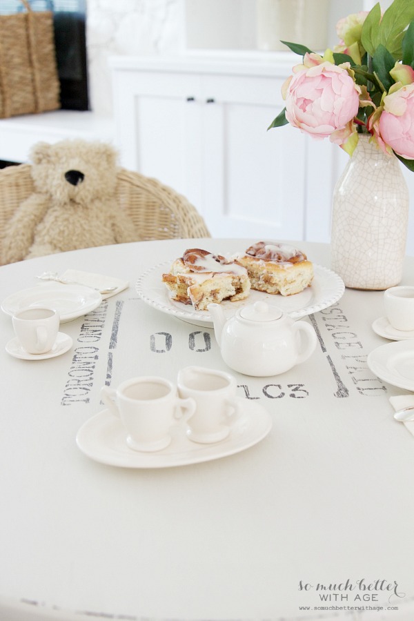 Cinnamon buns and tea cups on the the table.