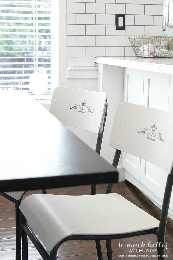 Black and white chairs at the breakfast table in the kitchen.