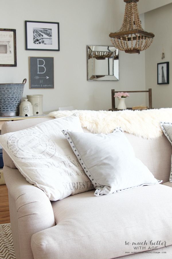White couch and pillows.