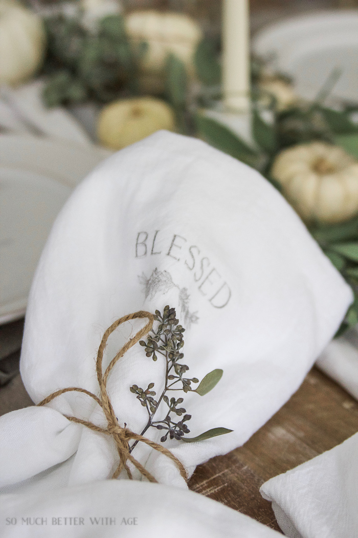 The word blessed onto the tea towel.