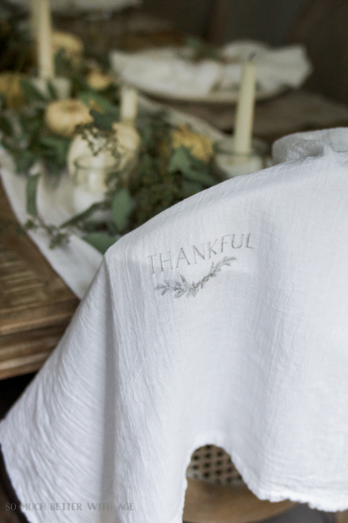 Thankful imprint on the white towel.