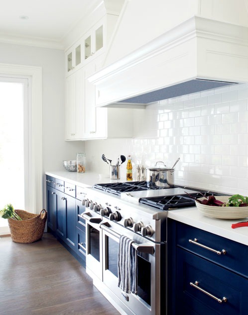 Kitchen Islands white or color, with a picture of blue cabinets.