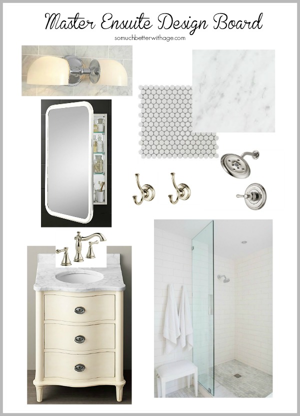 Design board with shower, vanity and lights.