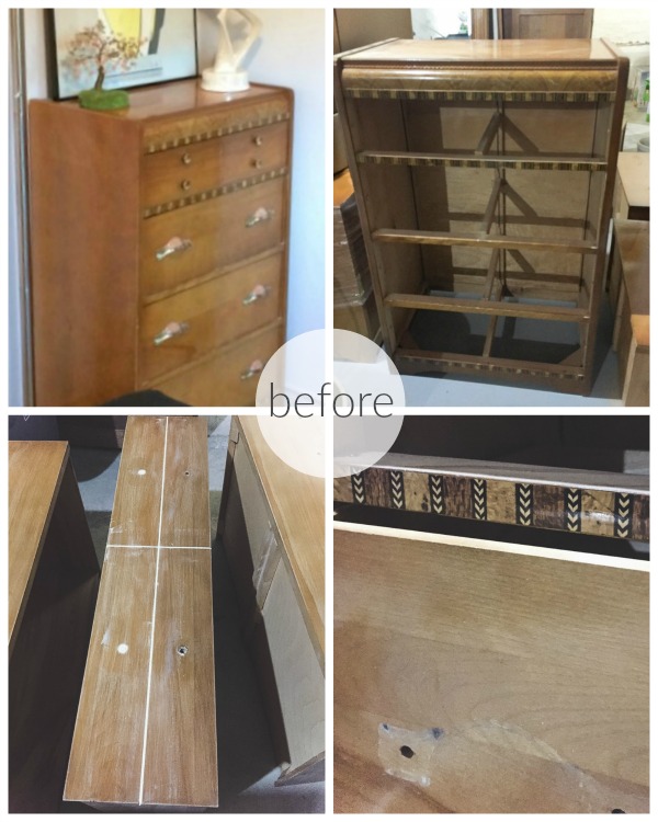 Before photos of the dresser before being painted, it is old weathered wood.