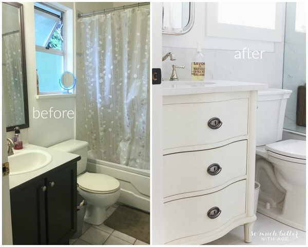 A before picture of the bathroom and the after picture.