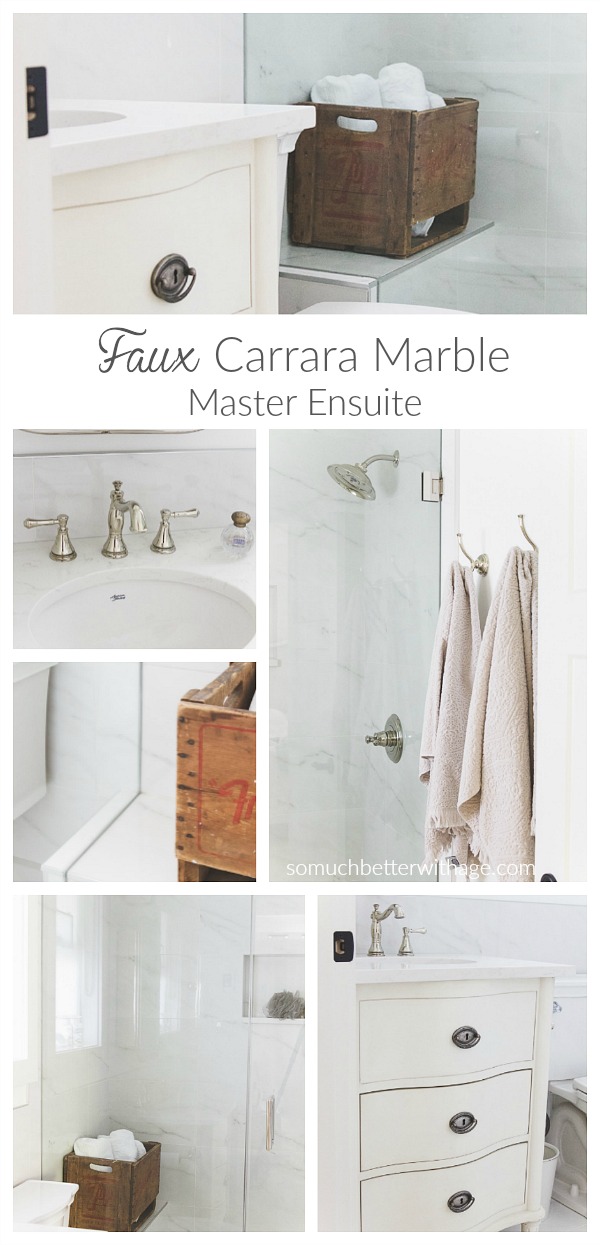 Faux carrara marble master ensuite complete renovation graphic.