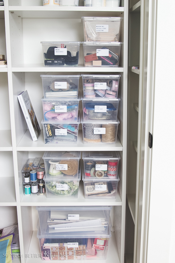 Organizing Craft Supplies / supplies on shelves in bins - So Much Better With Age