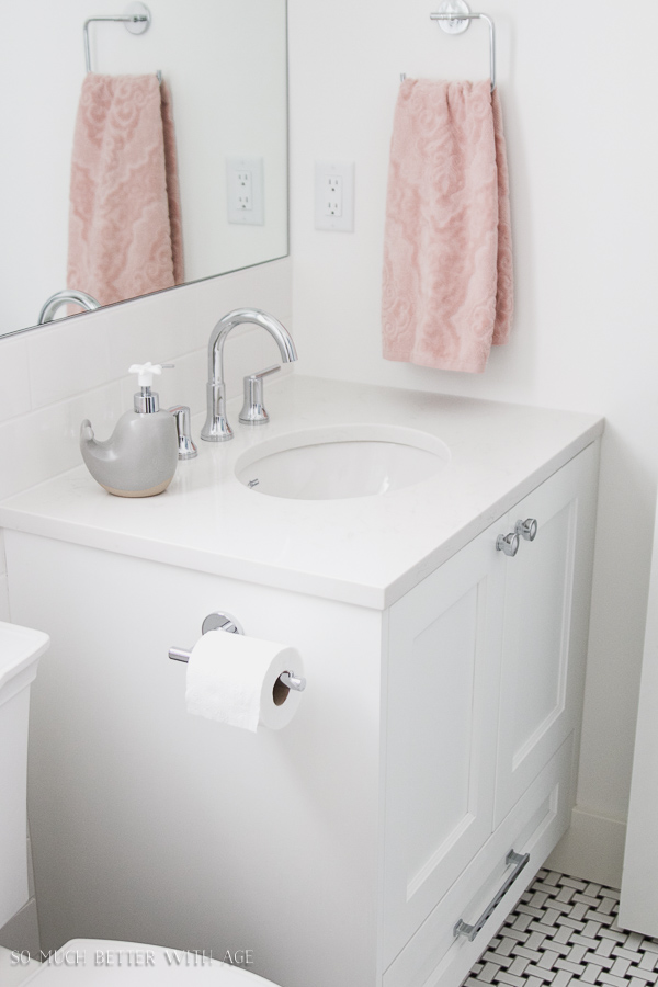  Grey, pink and white simple clean bathroom - So Much Better With Age