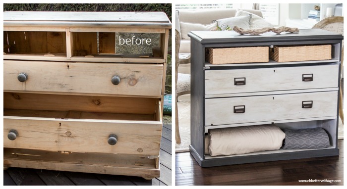 Before and after of old painted dresser. 