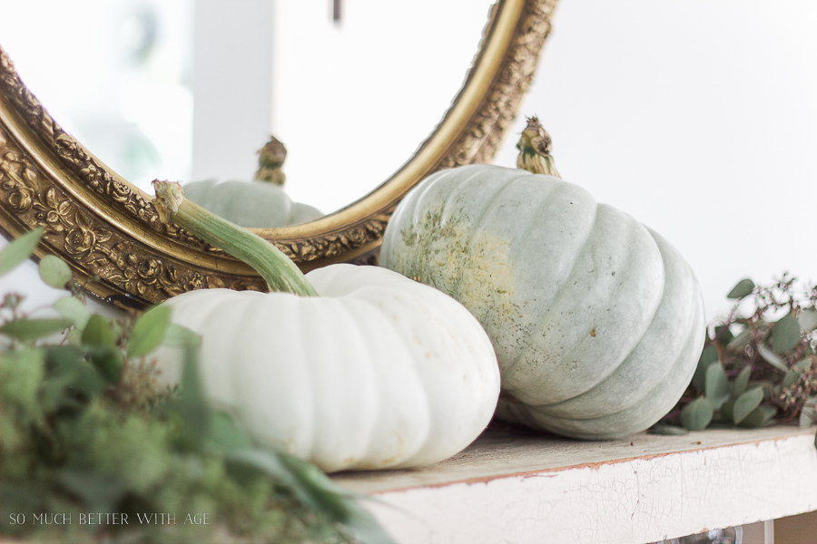 Heirloom pumpkins on the mantle.