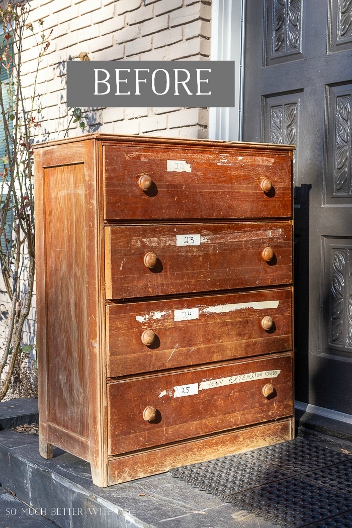 Old dresser with 'before' graphics on it. 