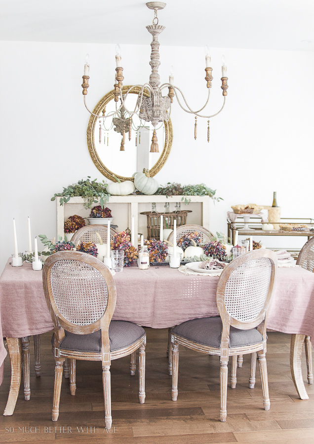 Purple and green dining room decor.