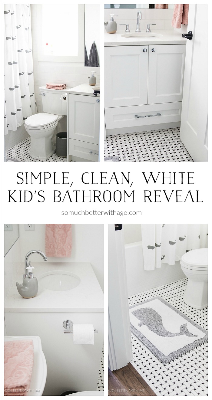 Simple, Clean, White Kids' Bathroom Reveal poster.