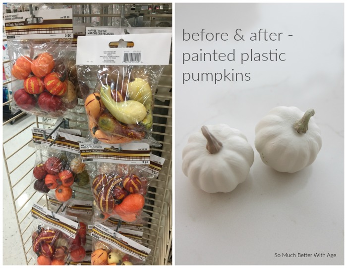 Imitation pumpkins in bags in store and painted white pumpkins.