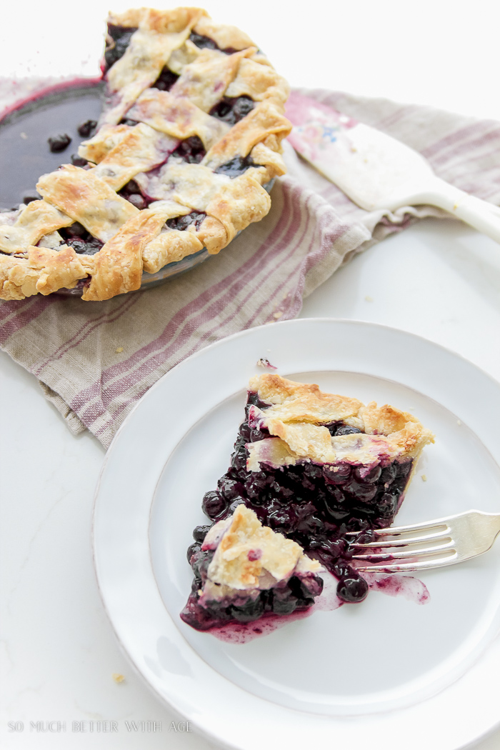 A piece of pie on a white plate.