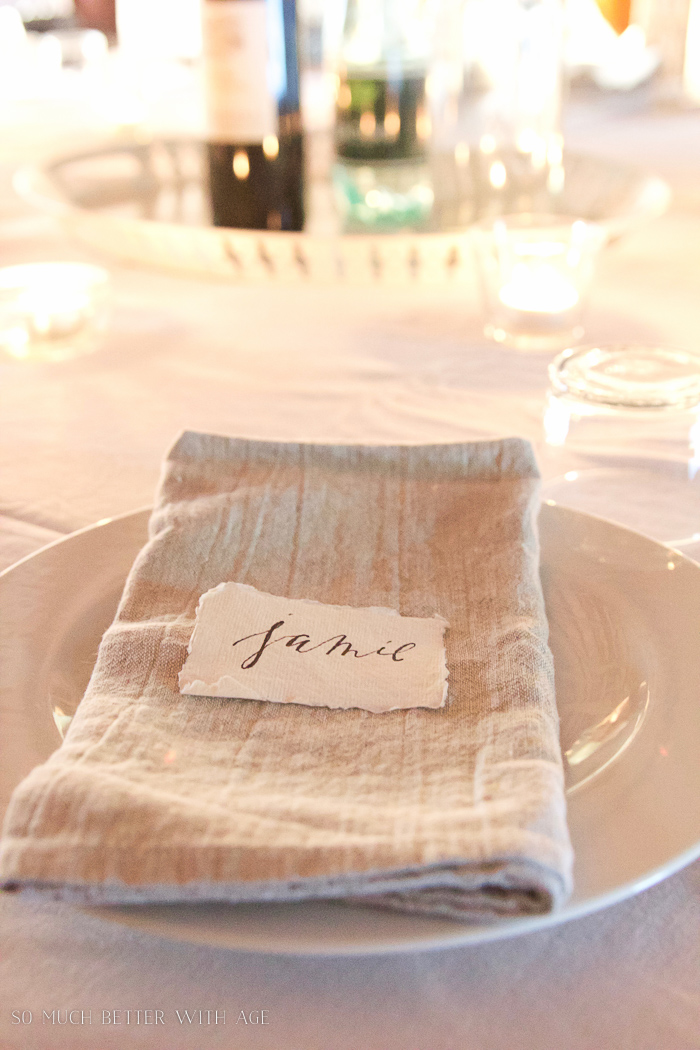 A linen napkin with Jamie on it.