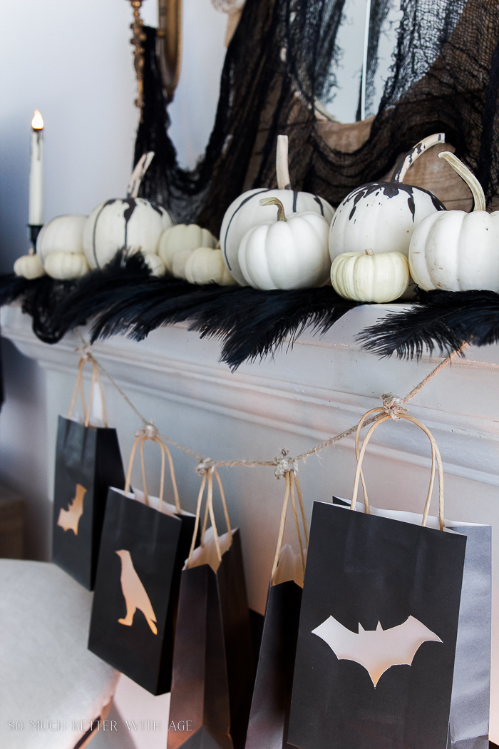 Up close picture of the ostrich feathers on the mantel.