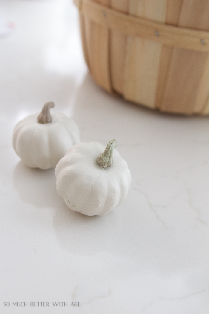 White small plastic pumpkins on counter.