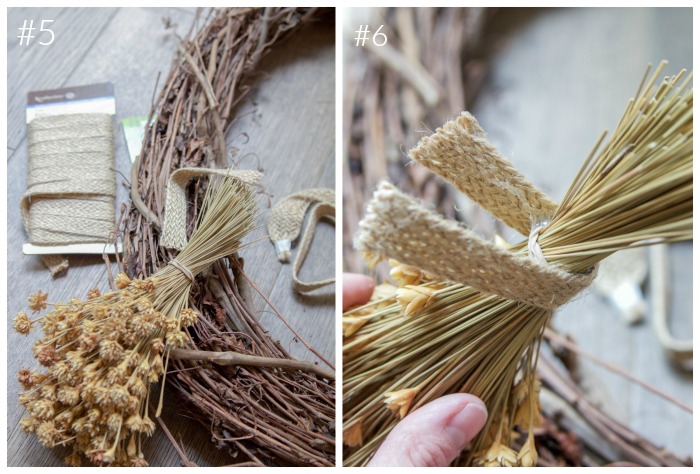 Tying the bushels of flowers together with twine.