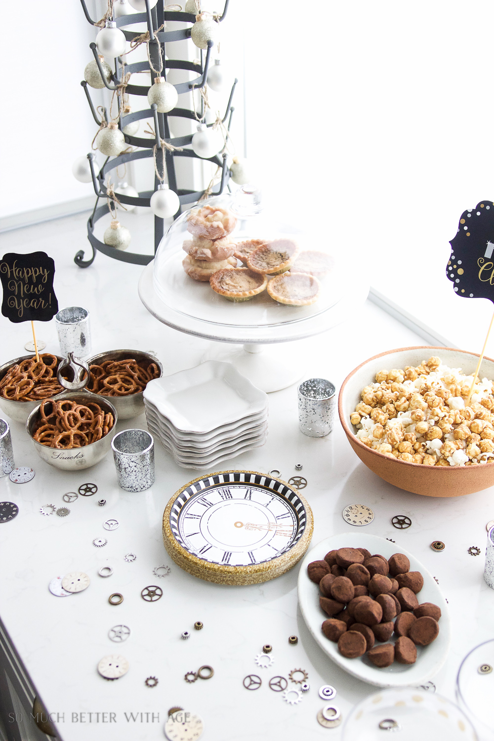  Pretzels and baked goods on table.