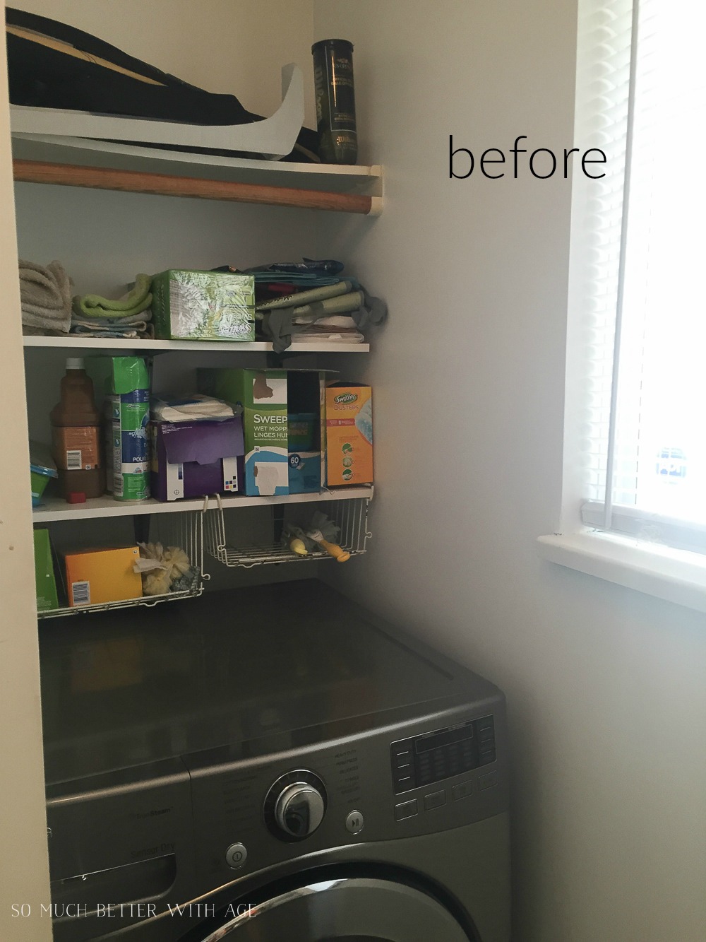 Products clutter the open shelves in the laundry room.