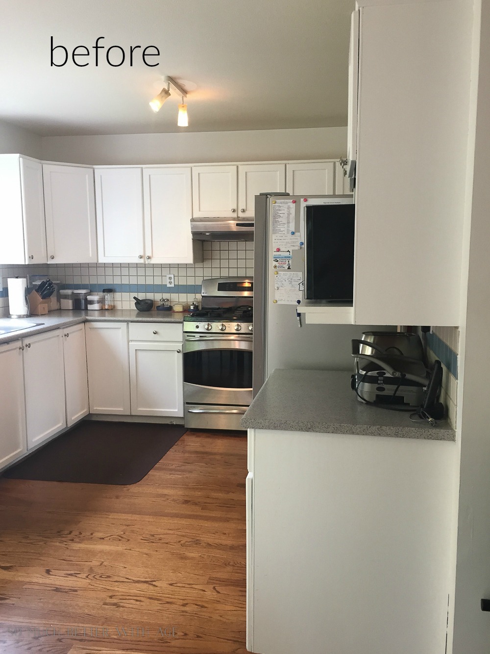  Grey counters are in the kitchen.